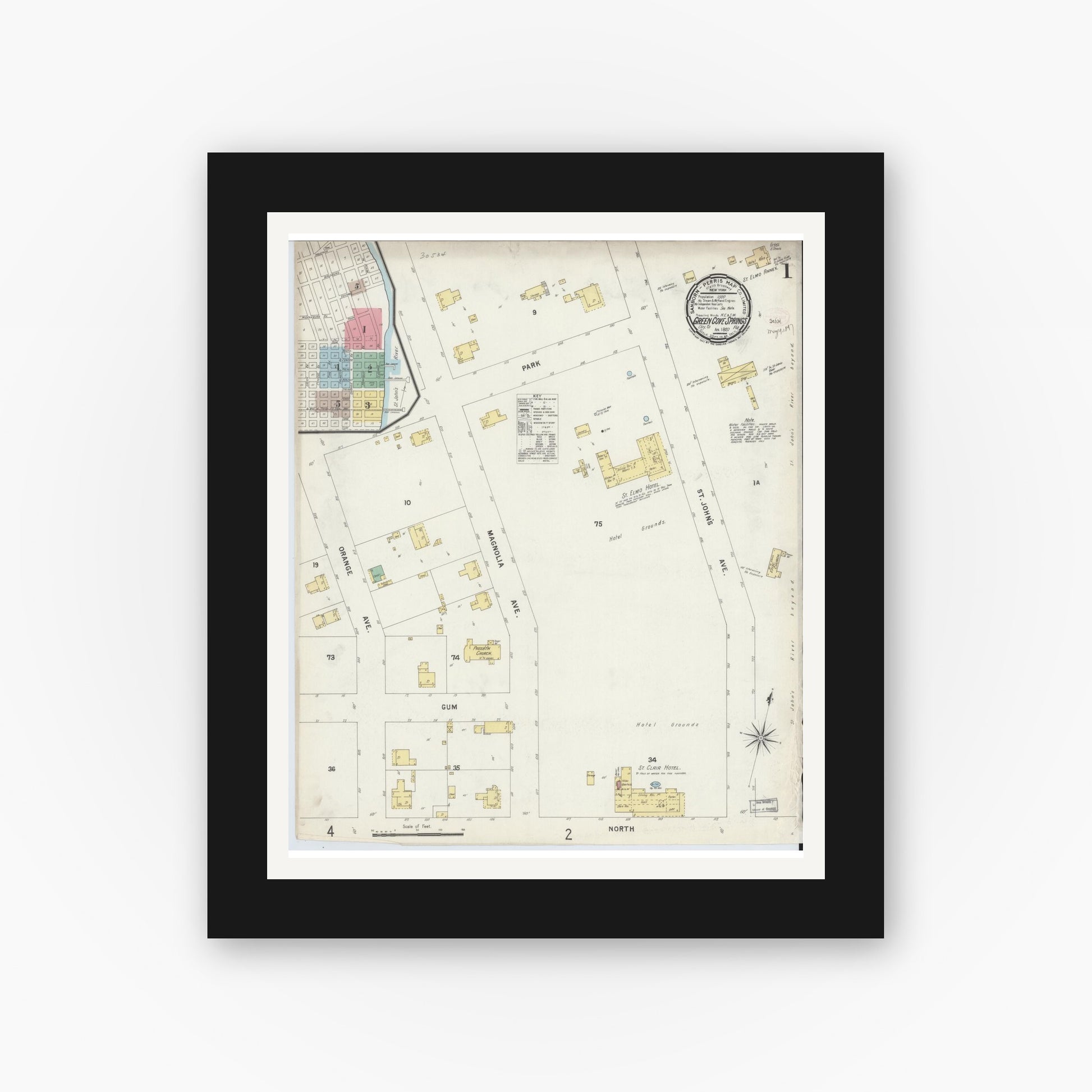 Old map wall art mockup — black gallery frame with white mat — Sanborn Fire Insurance Map from Green Cove Springs, Clay County, Florida (1897) - Complete Map Set