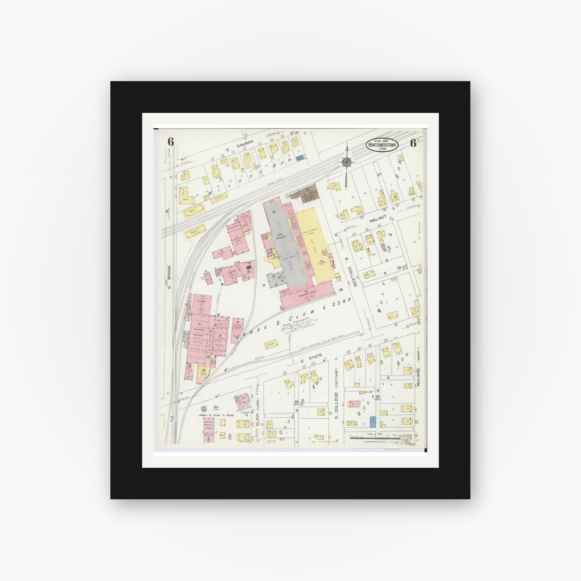 Old map wall art mockup — black gallery frame with white mat — Sanborn Fire Insurance Map from Newcomerstown, Tuscarawas County, Ohio (1924), Sheet #0006