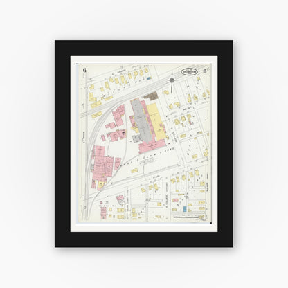 Old map wall art mockup — black gallery frame with white mat — Sanborn Fire Insurance Map from Newcomerstown, Tuscarawas County, Ohio (1924), Sheet #0006
