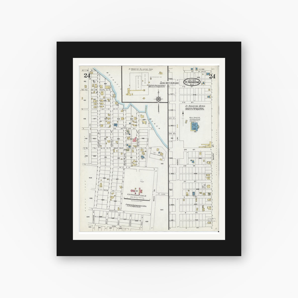 Old map wall art mockup — black gallery frame with white mat — Sanborn Fire Insurance Map from Saint Augustine, Saint John's County, Florida (1924), Sheet #0024