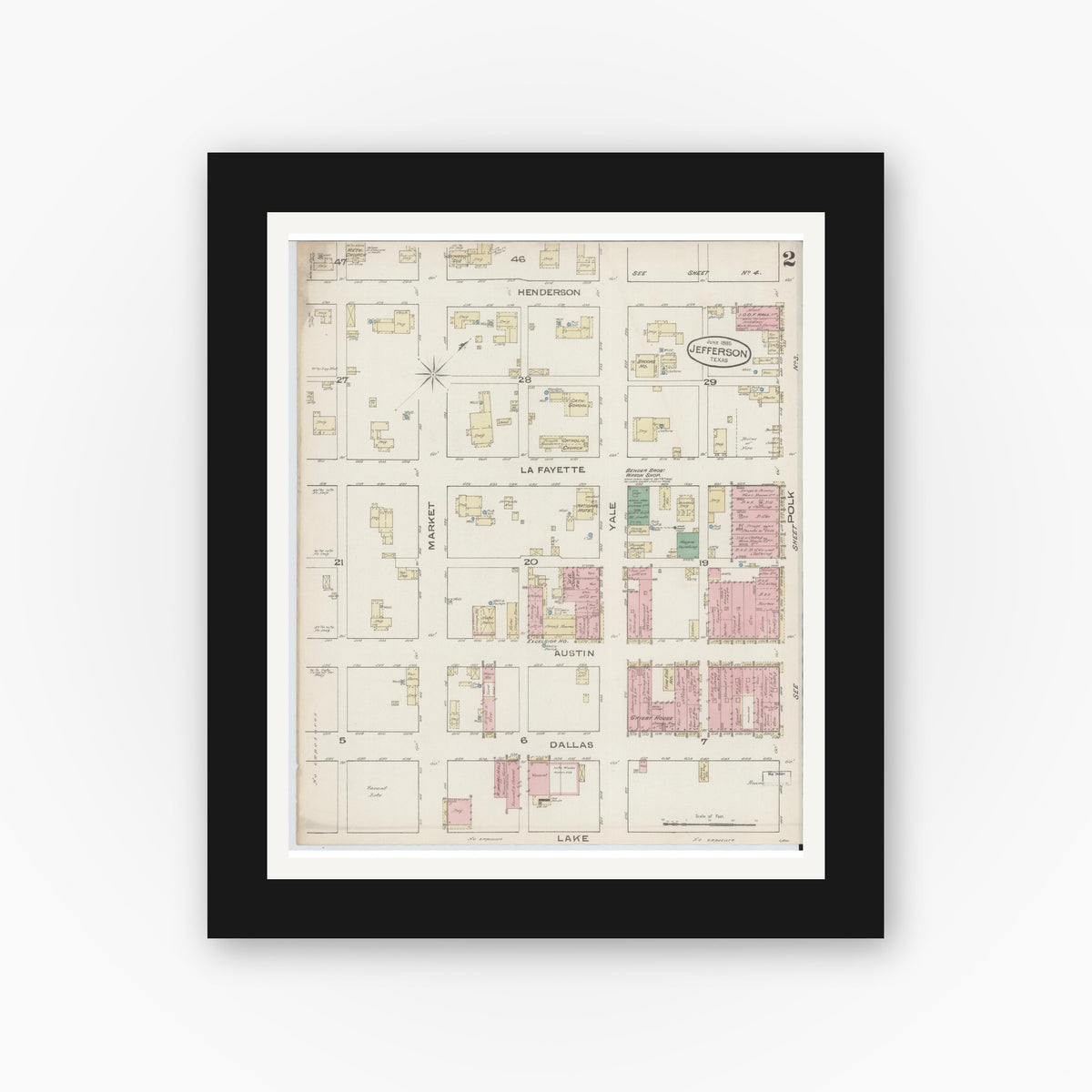 Old map wall art mockup — black gallery frame with white mat — Sanborn Fire Insurance Map from Jefferson, Marion County, Texas (1885), Sheet #0002