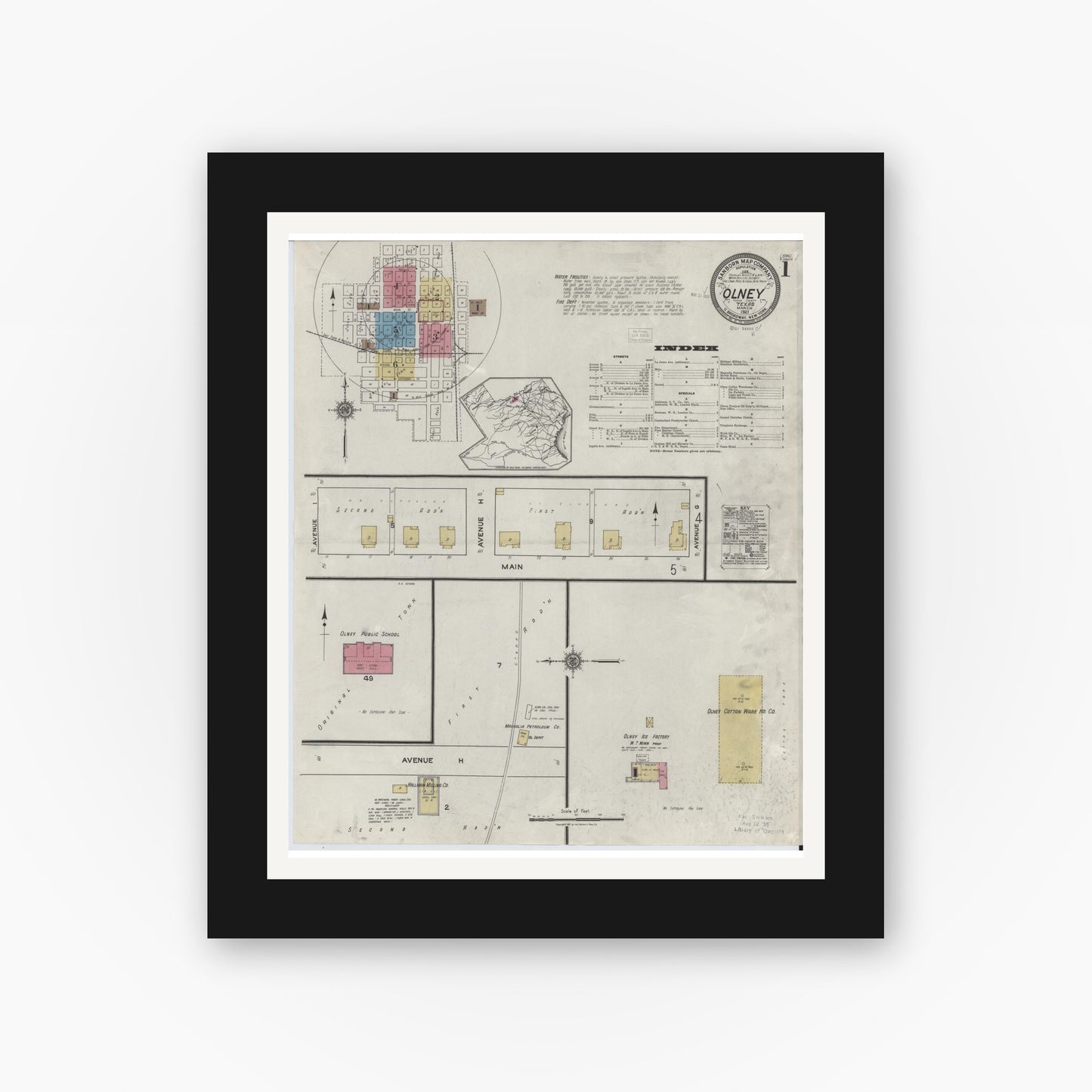 Old map wall art mockup — black gallery frame with white mat — Sanborn Fire Insurance Map from Olney, Young County, Texas (1921), Sheet #0001