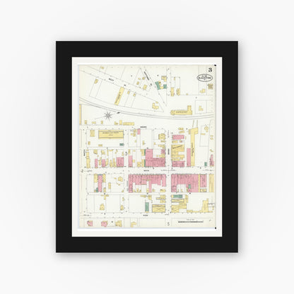 Old map wall art mockup — black gallery frame with white mat — Sanborn Fire Insurance Map from Blackstone, Nottoway County, Virginia (1908), Sheet #0003