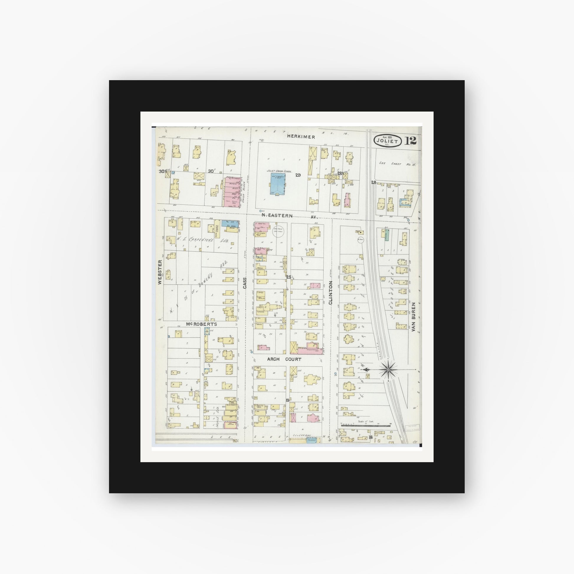 Old map wall art mockup — black gallery frame with white mat — Sanborn Fire Insurance Map from Joliet, Will County, Illinois (1891), Sheet #0012