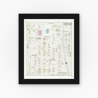 Old map wall art mockup — black gallery frame with white mat — Sanborn Fire Insurance Map from Joliet, Will County, Illinois (1891), Sheet #0012