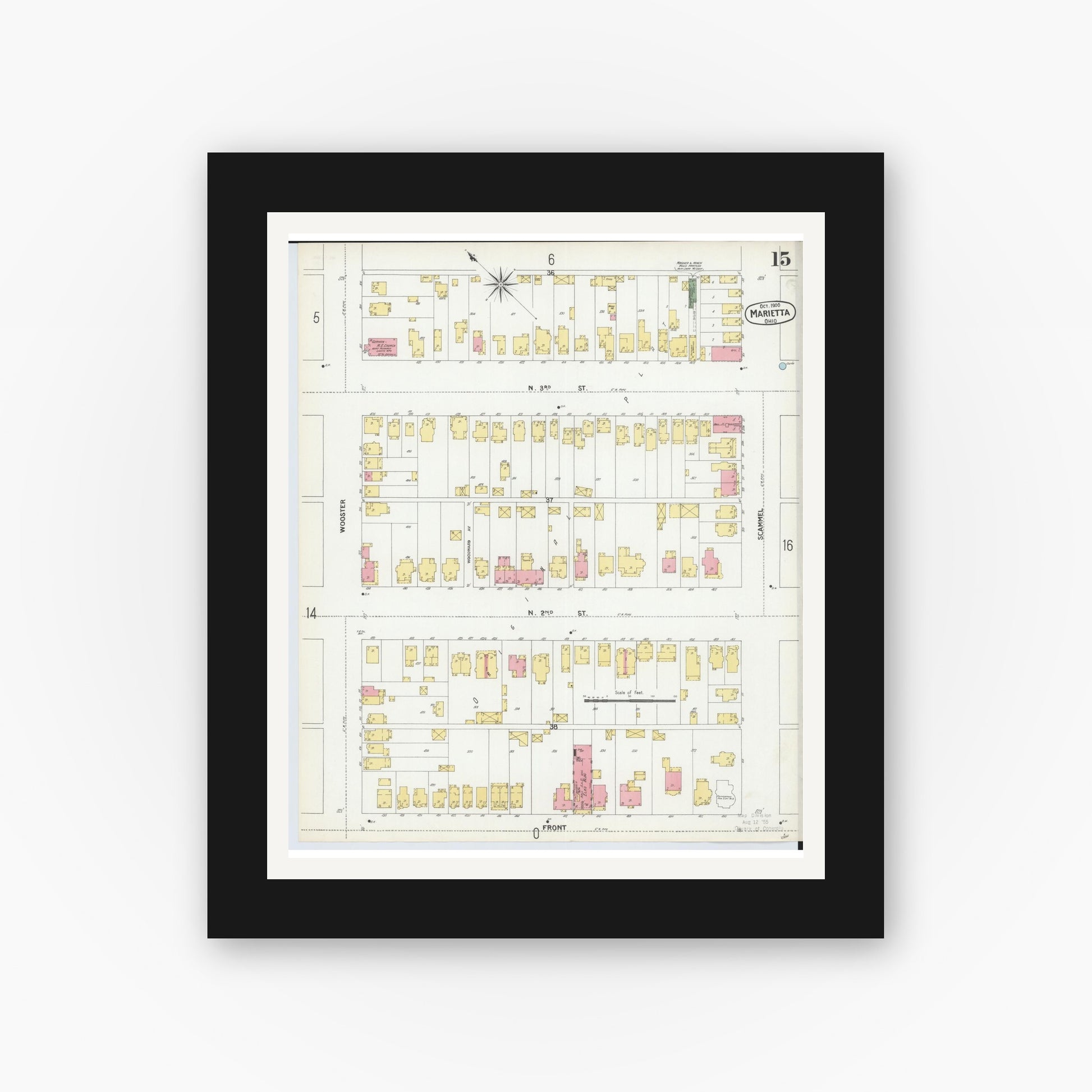 Old map wall art mockup — black gallery frame with white mat — Sanborn Fire Insurance Map from Marietta, Washington County, Ohio (1900), Sheet #0015