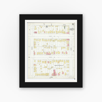 Old map wall art mockup — black gallery frame with white mat — Sanborn Fire Insurance Map from Marietta, Washington County, Ohio (1900), Sheet #0015