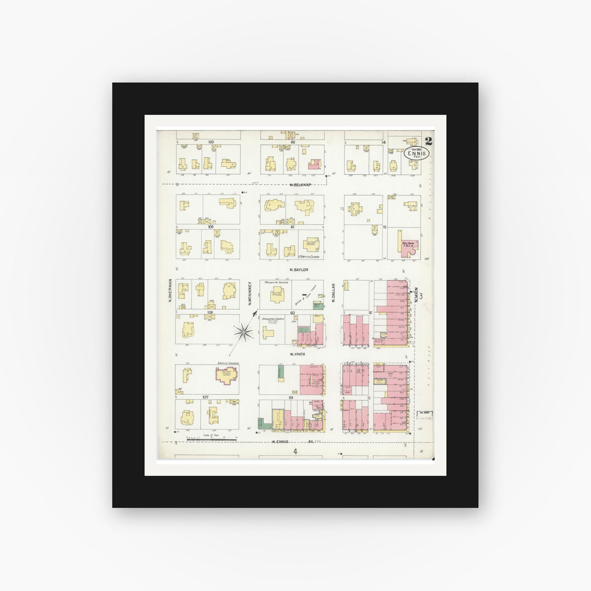 Old map wall art mockup — black gallery frame with white mat — Sanborn Fire Insurance Map from Ennis, Ellis County, Texas (1901), Sheet #0002
