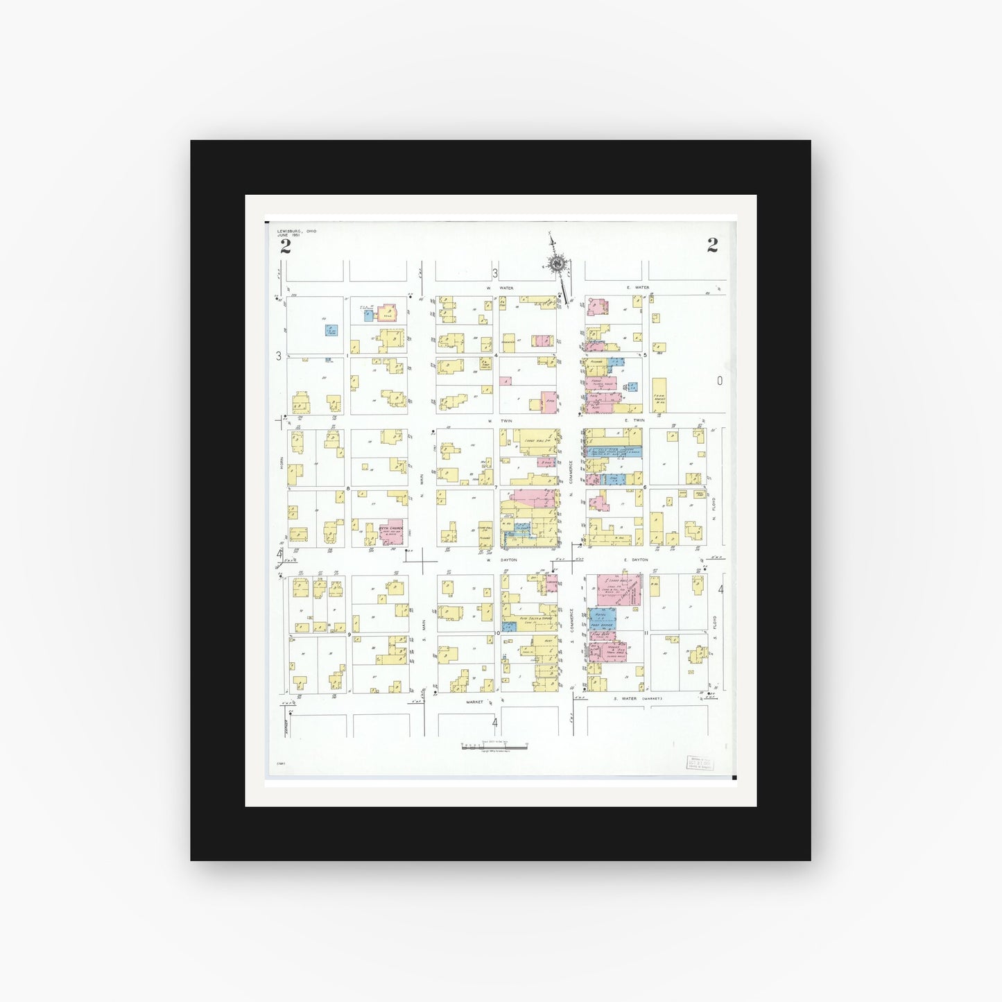 Old map wall art mockup — black gallery frame with white mat — Sanborn Fire Insurance Map from Lewisburg, Preble County, Ohio (1951), Sheet #0002