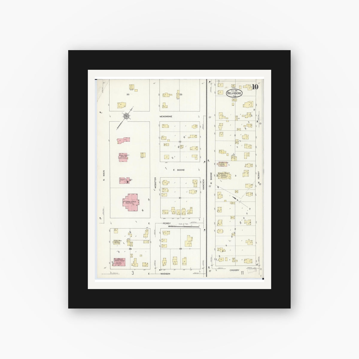 Old map wall art mockup — black gallery frame with white mat — Sanborn Fire Insurance Map from Belvidere, Boone County, Illinois (1912), Sheet #0010