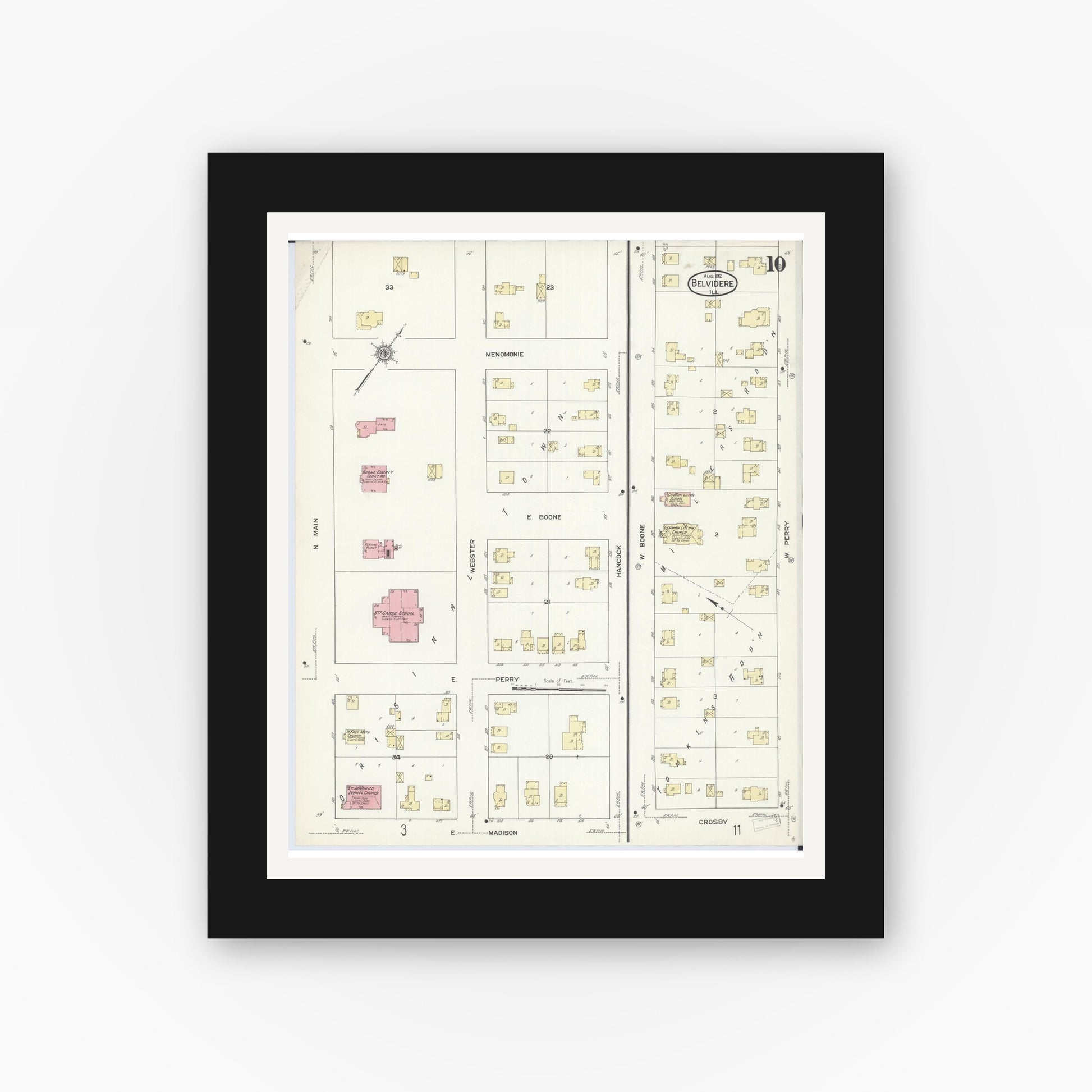 Old map wall art mockup — black gallery frame with white mat — Sanborn Fire Insurance Map from Belvidere, Boone County, Illinois (1912), Sheet #0010