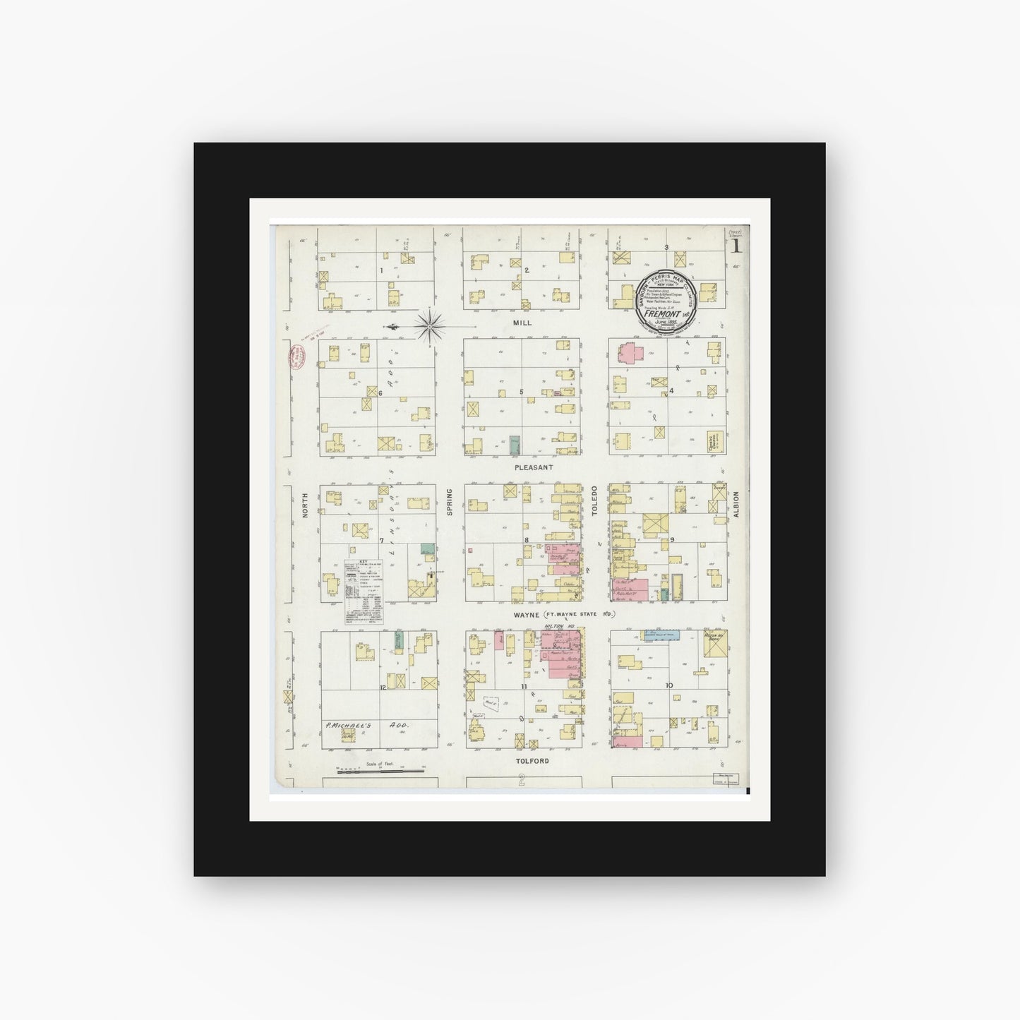 Old map wall art mockup — black gallery frame with white mat — Sanborn Fire Insurance Map from Fremont, Steuben County, Indiana (1895) - Complete Map Set