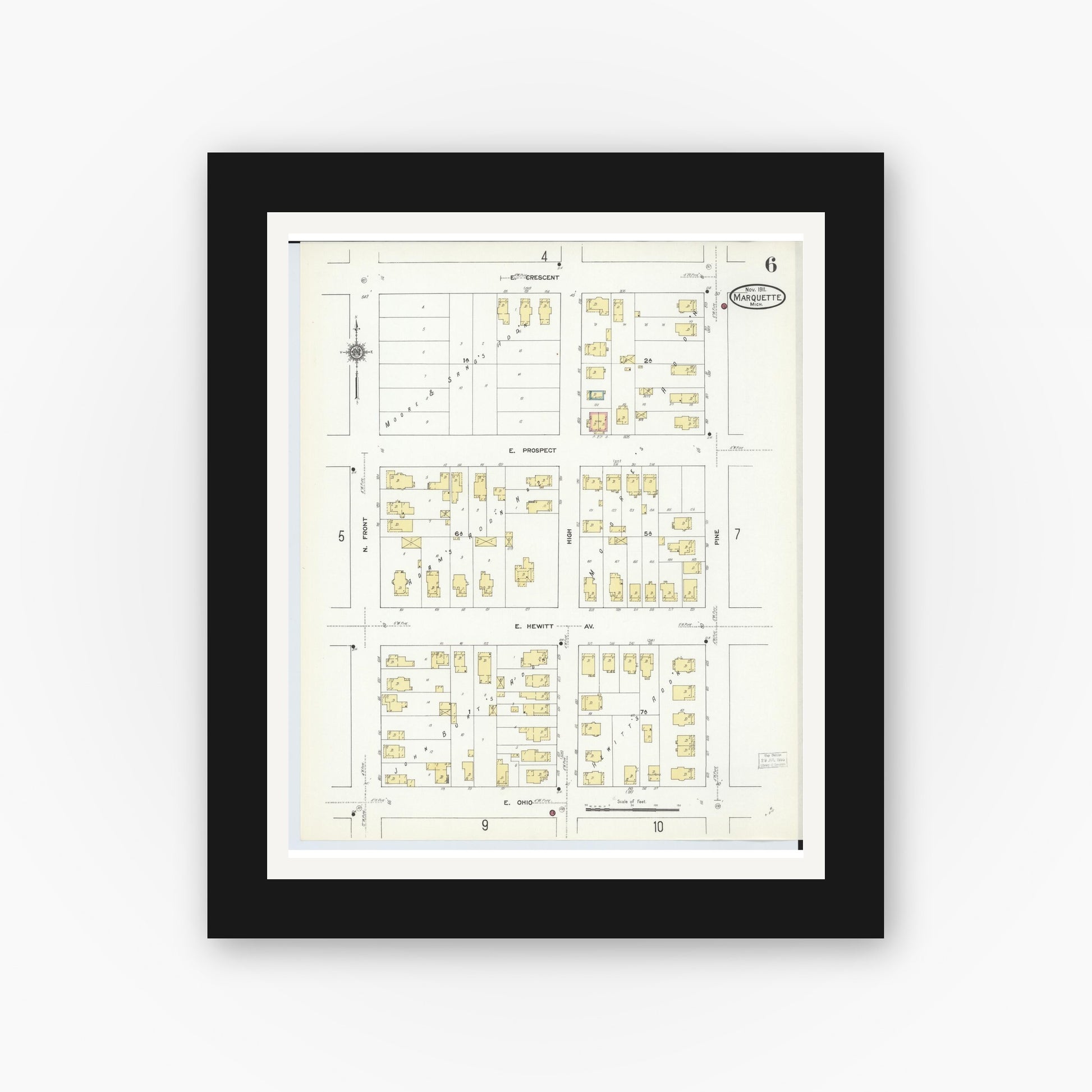 Old map wall art mockup — black gallery frame with white mat — Sanborn Fire Insurance Map from Marquette, Marquette County, Michigan (1911), Sheet #0006