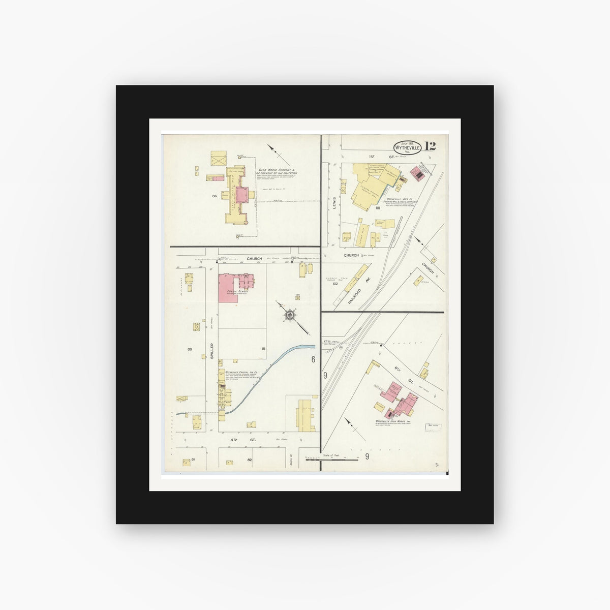 Old map wall art mockup — black gallery frame with white mat — Sanborn Fire Insurance Map from Wytheville, Wythe County, Virginia (1913), Sheet #0012