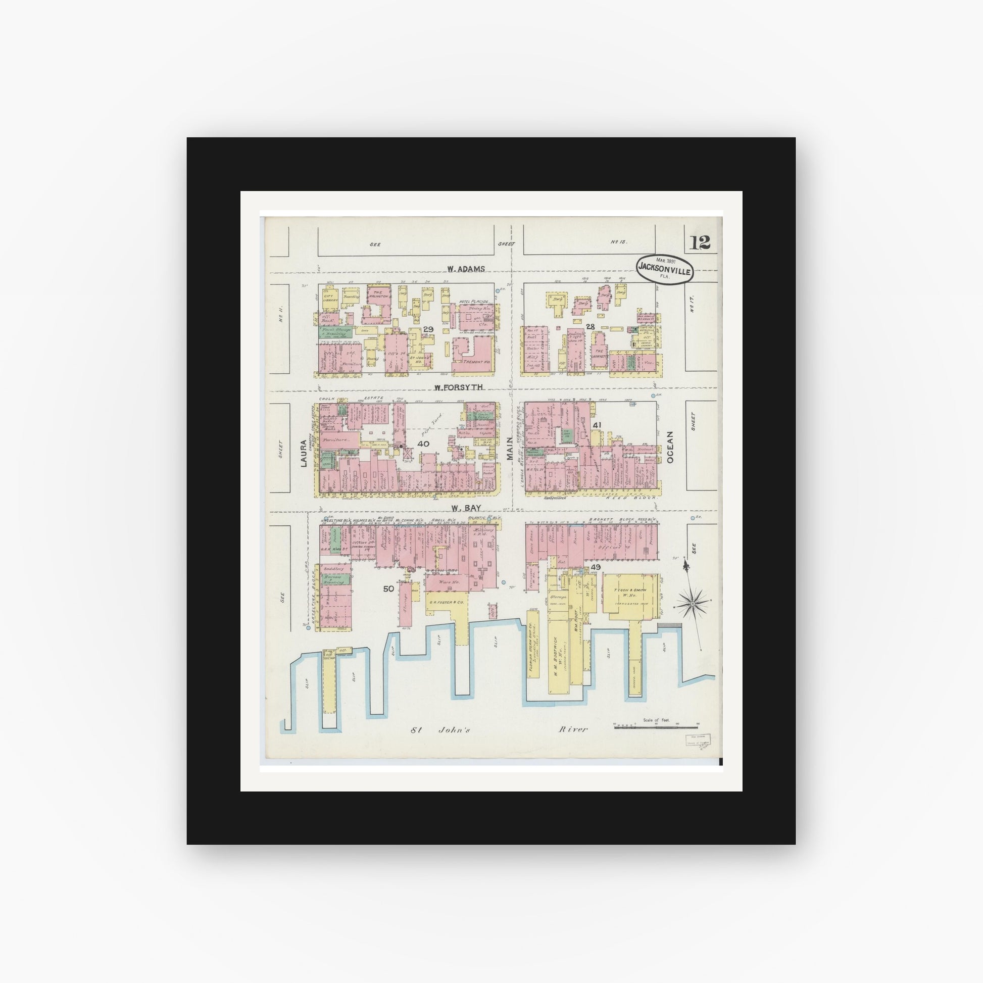 Old map wall art mockup — black gallery frame with white mat — Sanborn Fire Insurance Map from Jacksonville, Duval County, Florida (1891), Sheet #0012