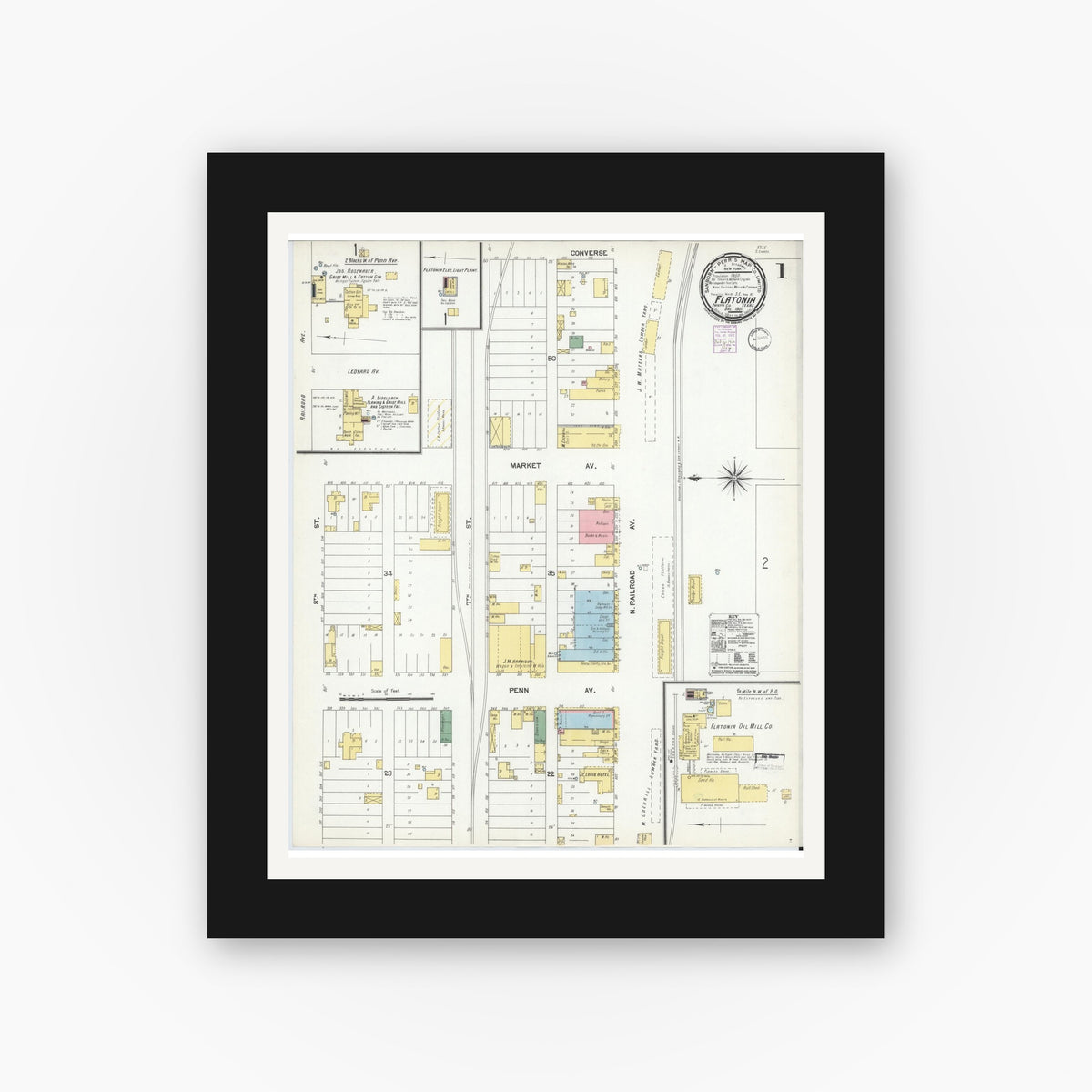 Old map wall art mockup — black gallery frame with white mat — Sanborn Fire Insurance Map from Flatonia, Fayette County, Texas (1901) - Complete Map Set