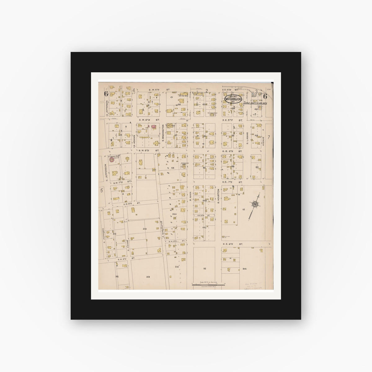 Old map wall art mockup — black gallery frame with white mat — Sanborn Fire Insurance Map from McGregor, McLennan County, Texas (1922), Sheet #0006