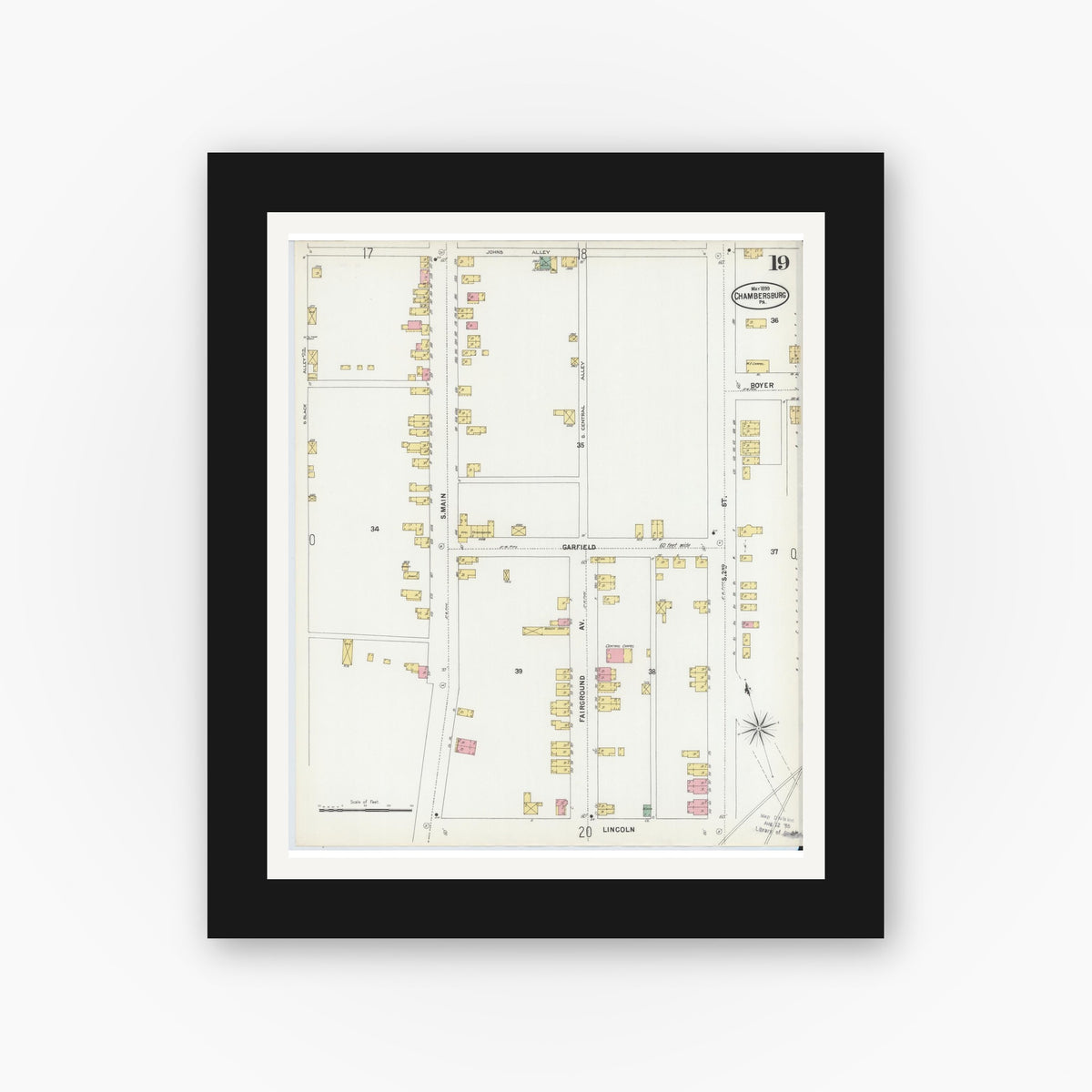 Old map wall art mockup — black gallery frame with white mat — Sanborn Fire Insurance Map from Chambersburg, Franklin County, Pennsylvania (1899), Sheet #0019