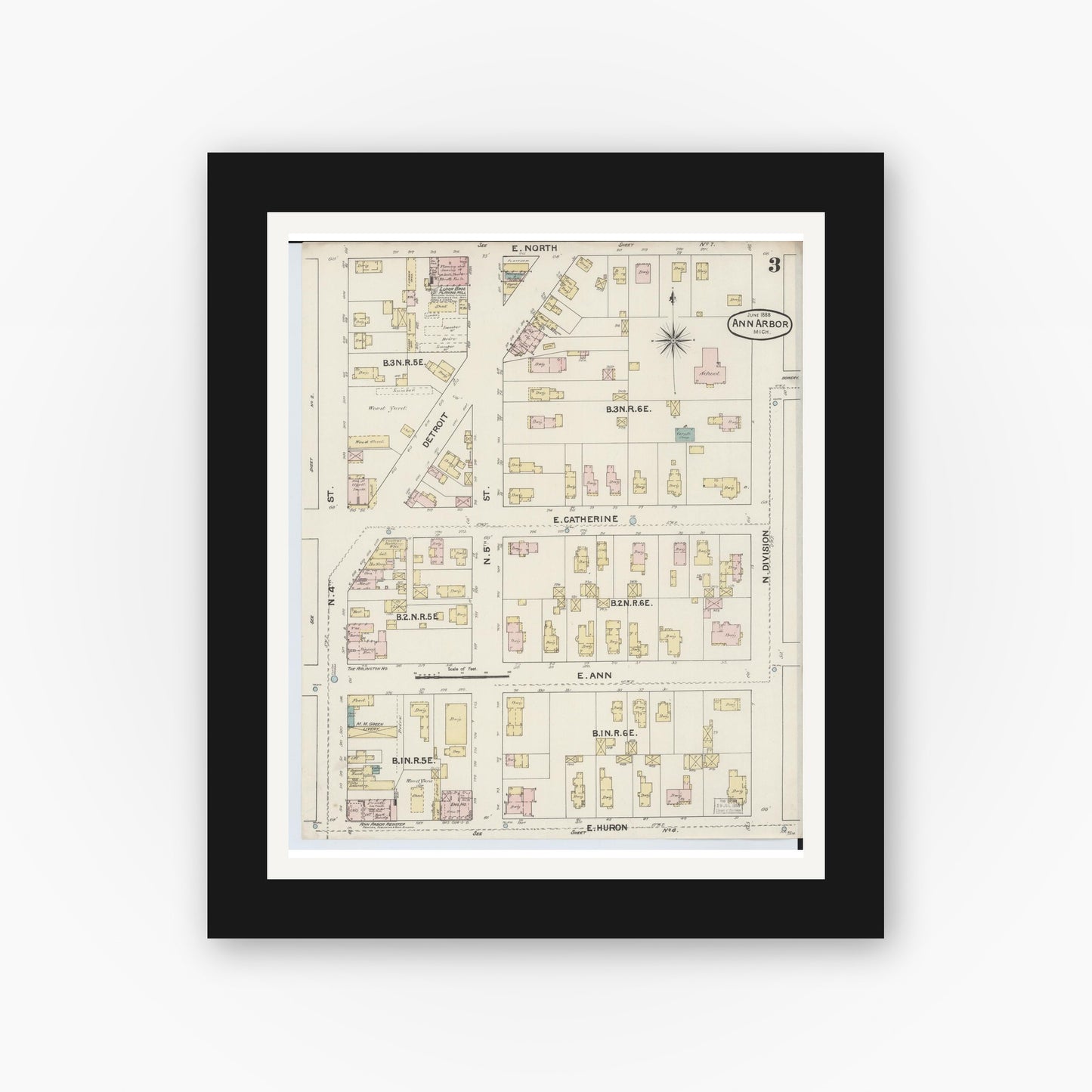 Old map wall art mockup — black gallery frame with white mat — Sanborn Fire Insurance Map from Ann Arbor, Washtenaw County, Michigan (1888), Sheet #0003