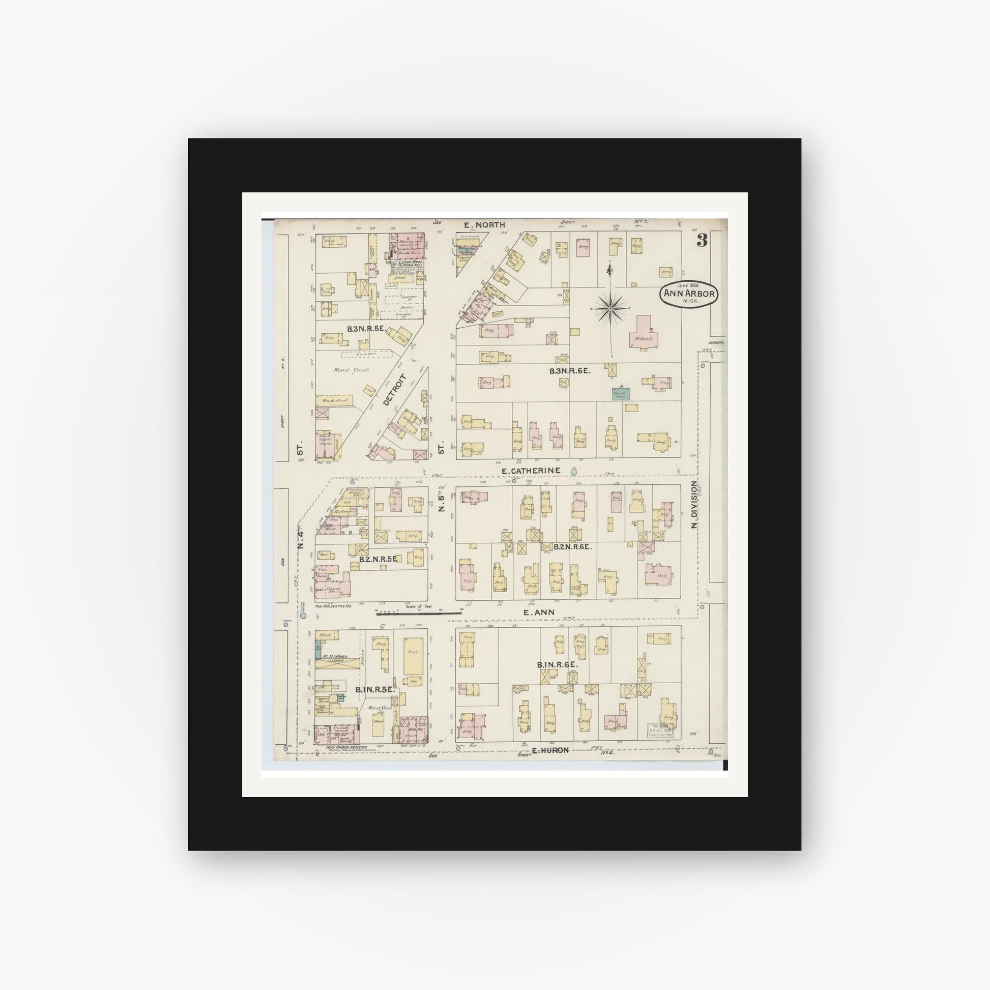 Old map wall art mockup — black gallery frame with white mat — Sanborn Fire Insurance Map from Ann Arbor, Washtenaw County, Michigan (1888), Sheet #0003