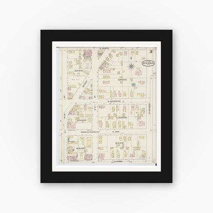 Old map wall art mockup — black gallery frame with white mat — Sanborn Fire Insurance Map from Ann Arbor, Washtenaw County, Michigan (1888), Sheet #0003