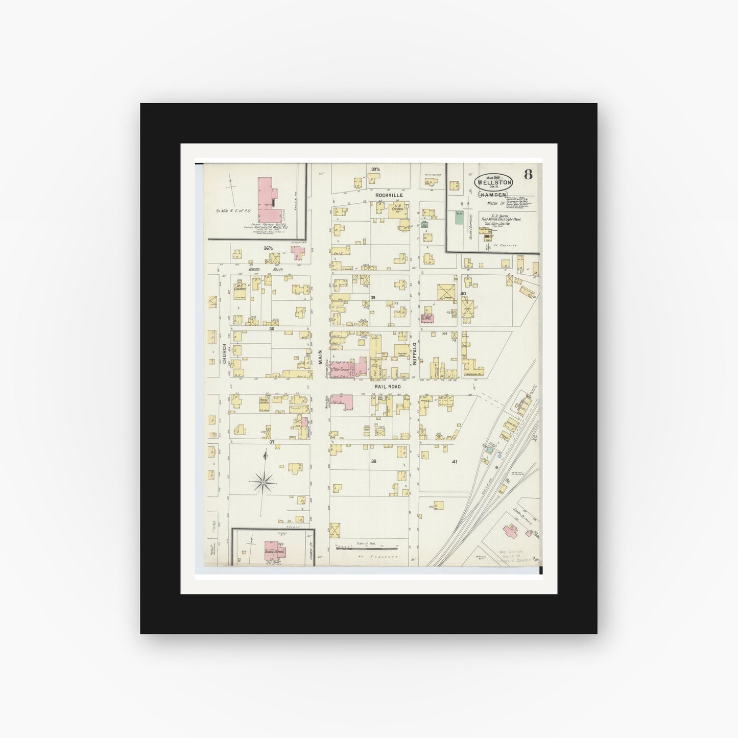 Old map wall art mockup — black gallery frame with white mat — Sanborn Fire Insurance Map from Wellston, Jackson County, Ohio (1897), Sheet #0008