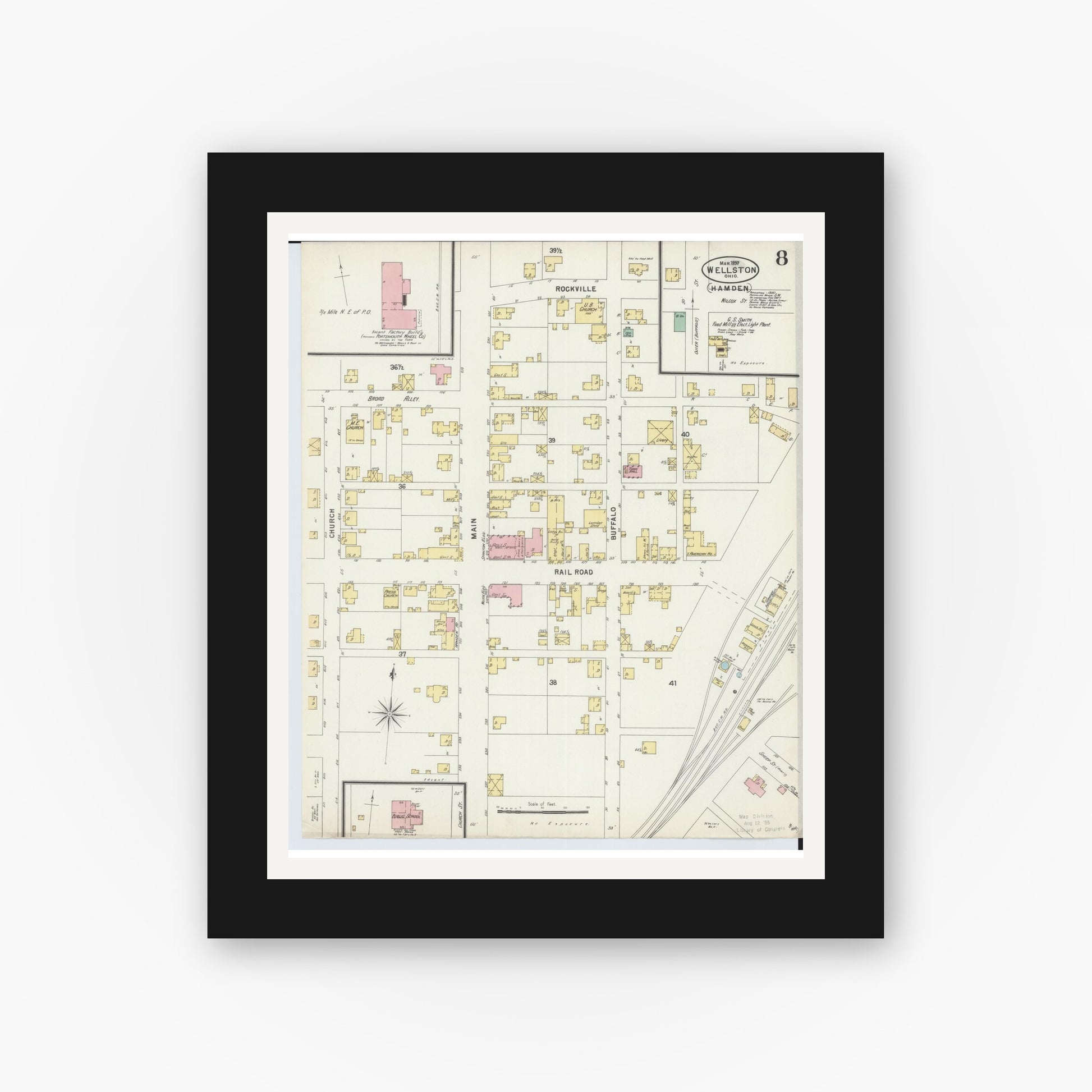 Old map wall art mockup — black gallery frame with white mat — Sanborn Fire Insurance Map from Wellston, Jackson County, Ohio (1897), Sheet #0008