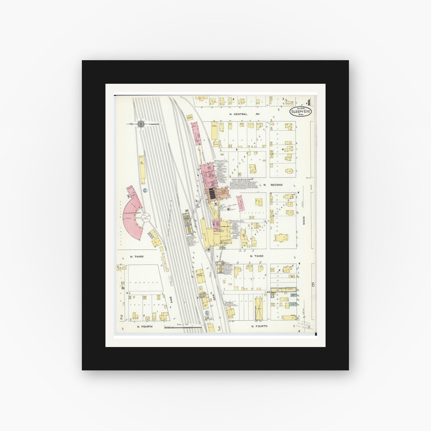 Old map wall art mockup — black gallery frame with white mat — Sanborn Fire Insurance Map from Sleepy Eye, Brown County, Minnesota (1909), Sheet #0004