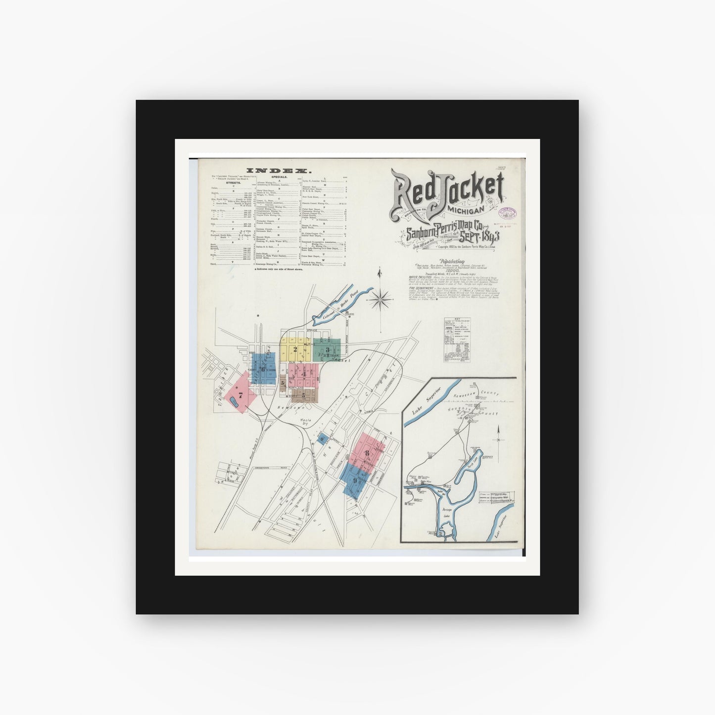Old map wall art mockup — black gallery frame with white mat — Sanborn Fire Insurance Map from Red Jacket, Houghton County, Michigan (1893) - Complete Map Set