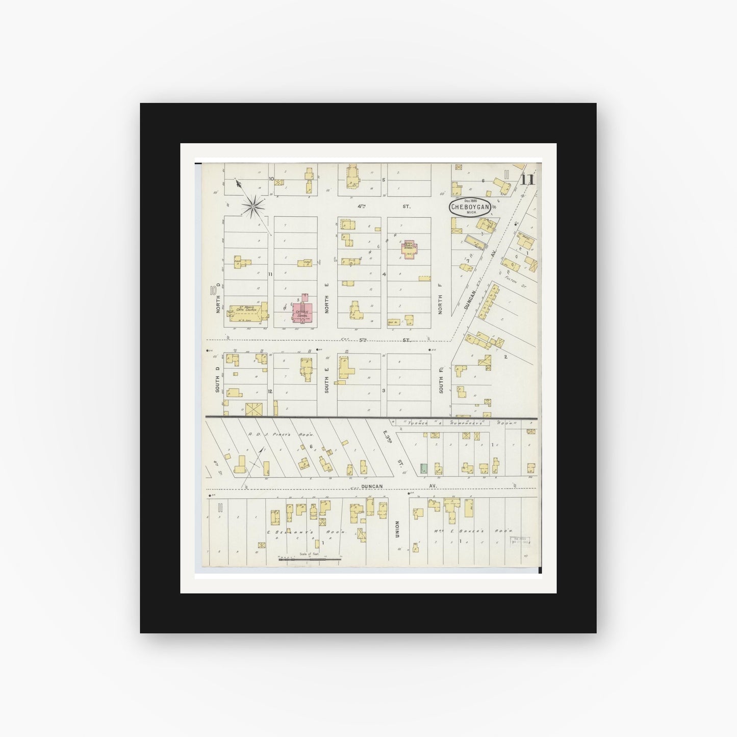 Old map wall art mockup — black gallery frame with white mat — Sanborn Fire Insurance Map from Cheboygan, Cheboygan County, Michigan (1895), Sheet #0011