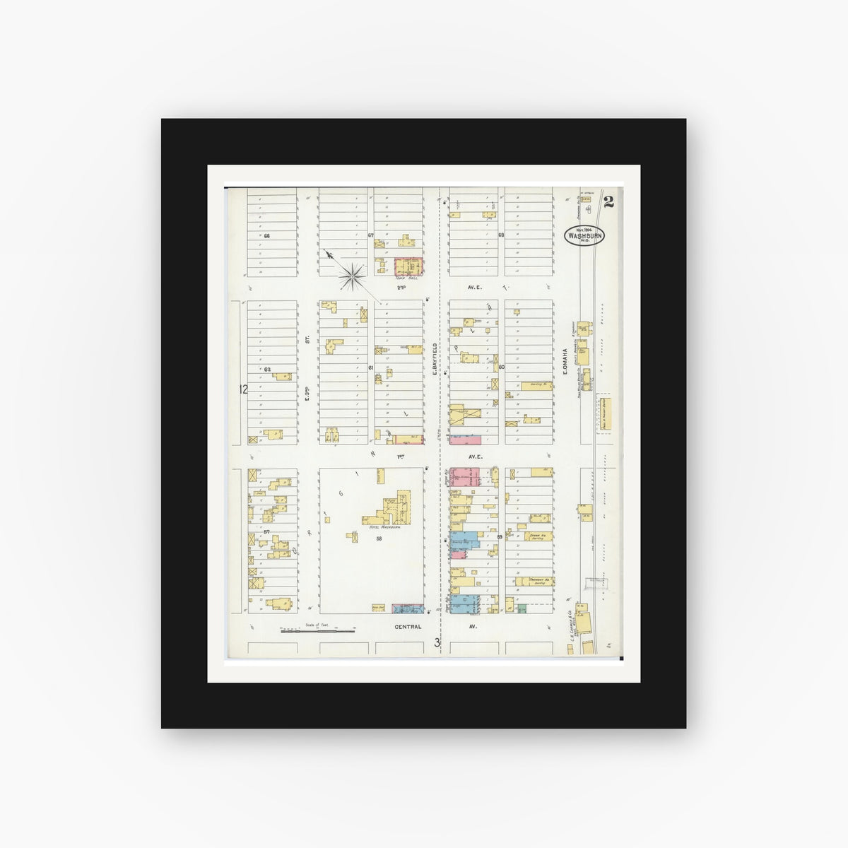 Old map wall art mockup — black gallery frame with white mat — Sanborn Fire Insurance Map from Washburn, Bayfield County, Wisconsin (1904), Sheet #0002