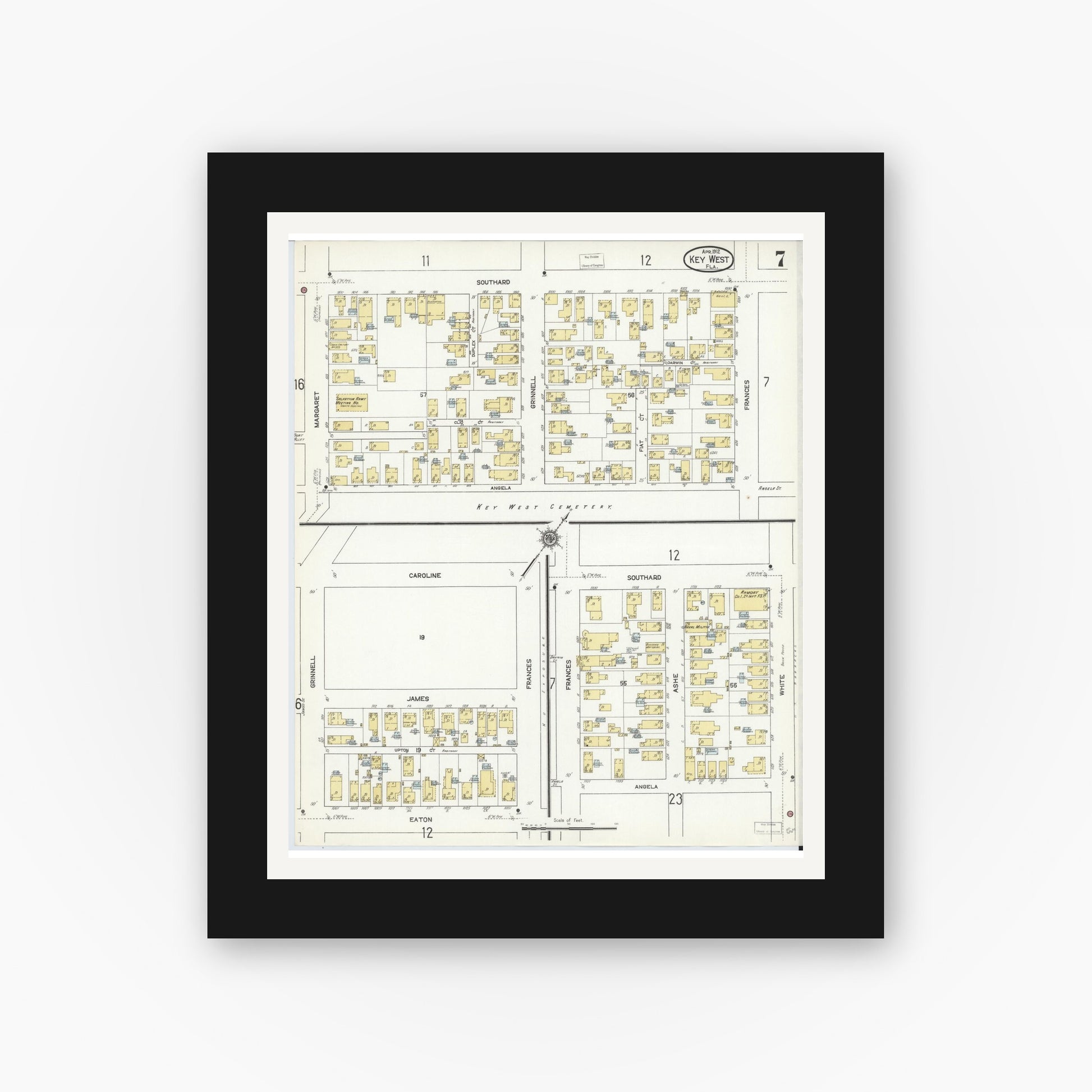 Old map wall art mockup — black gallery frame with white mat — Sanborn Fire Insurance Map from Key West, Monroe County, Florida (1912), Sheet #0007