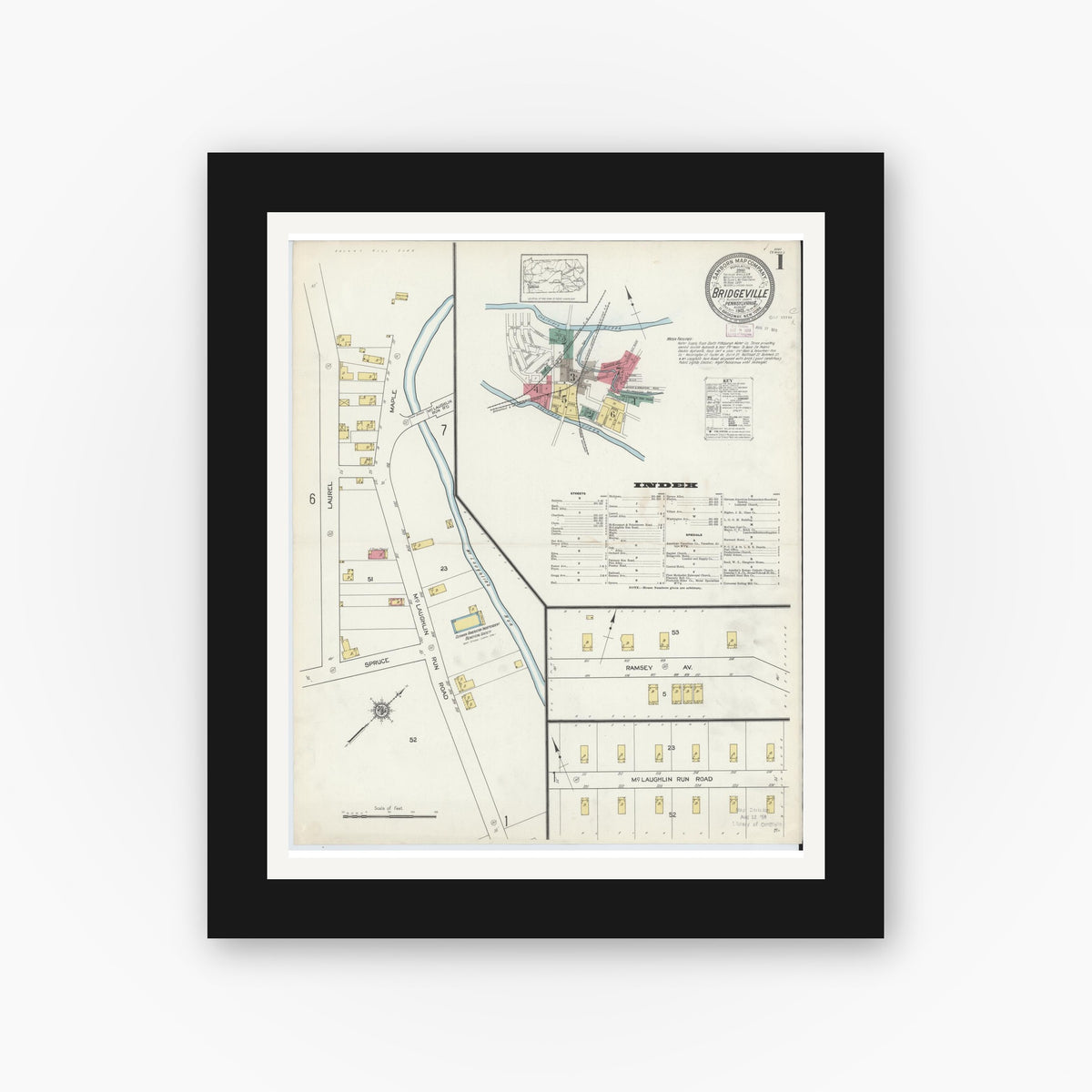Old map wall art mockup — black gallery frame with white mat — Sanborn Fire Insurance Map from Bridgeville, Allegheny County, Pennsylvania (1913), Sheet #0001