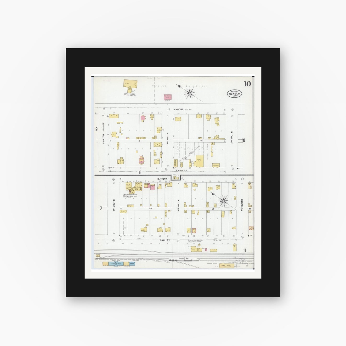 Old map wall art mockup — black gallery frame with white mat — Sanborn Fire Insurance Map from New Ulm, Brown County, Minnesota (1905), Sheet #0010