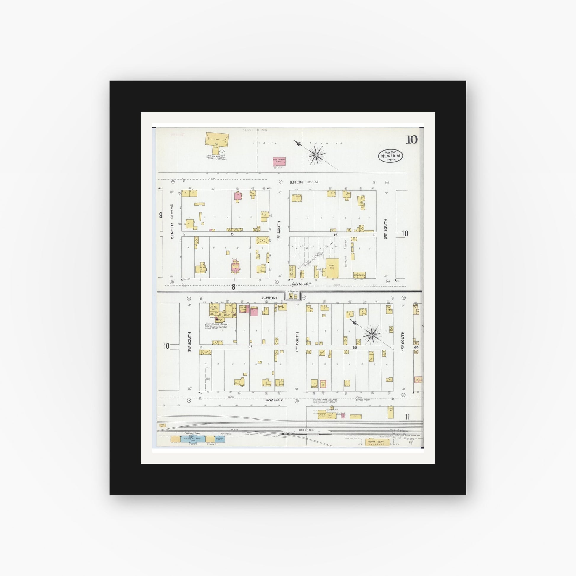 Old map wall art mockup — black gallery frame with white mat — Sanborn Fire Insurance Map from New Ulm, Brown County, Minnesota (1905), Sheet #0010
