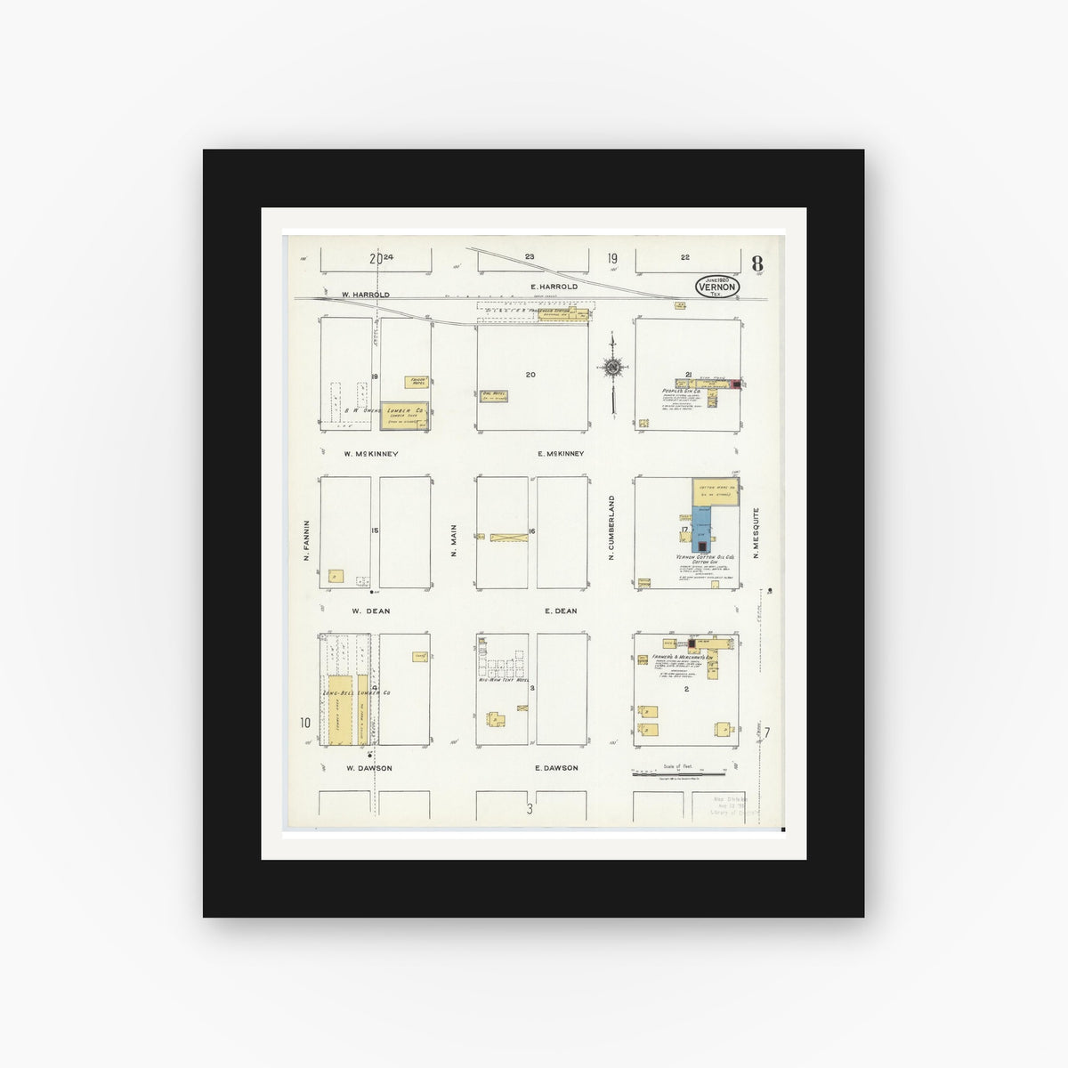 Old map wall art mockup — black gallery frame with white mat — Sanborn Fire Insurance Map from Vernon, Wilbarger County, Texas (1920), Sheet #0008