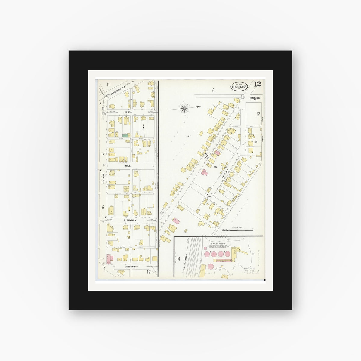 Old map wall art mockup — black gallery frame with white mat — Sanborn Fire Insurance Map from Rochester, Beaver County, Pennsylvania (1908), Sheet #0012
