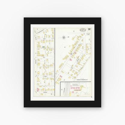 Old map wall art mockup — black gallery frame with white mat — Sanborn Fire Insurance Map from Rochester, Beaver County, Pennsylvania (1908), Sheet #0012