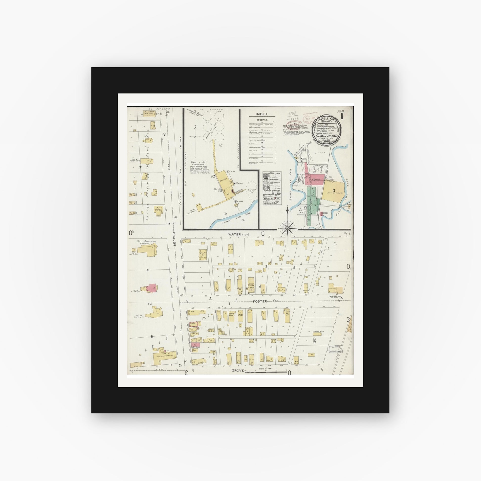 Old map wall art mockup — black gallery frame with white mat — Sanborn Fire Insurance Map from Cumberland, Barron County, Wisconsin (1899) - Complete Map Set