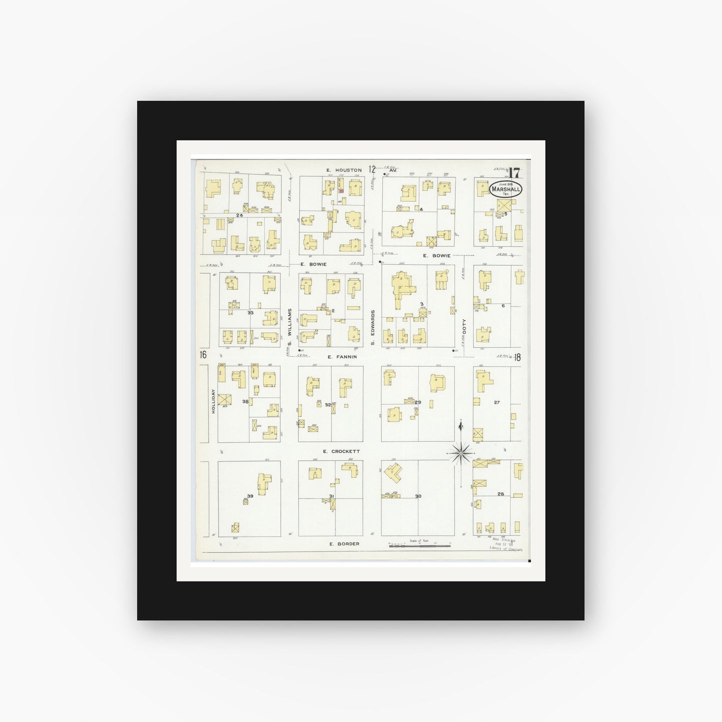 Old map wall art mockup — black gallery frame with white mat — Sanborn Fire Insurance Map from Marshall, Harrison County, Texas (1909), Sheet #0017