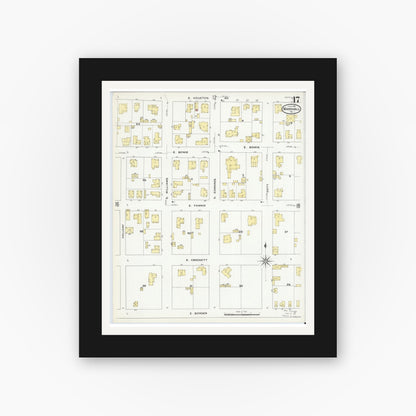 Old map wall art mockup — black gallery frame with white mat — Sanborn Fire Insurance Map from Marshall, Harrison County, Texas (1909), Sheet #0017