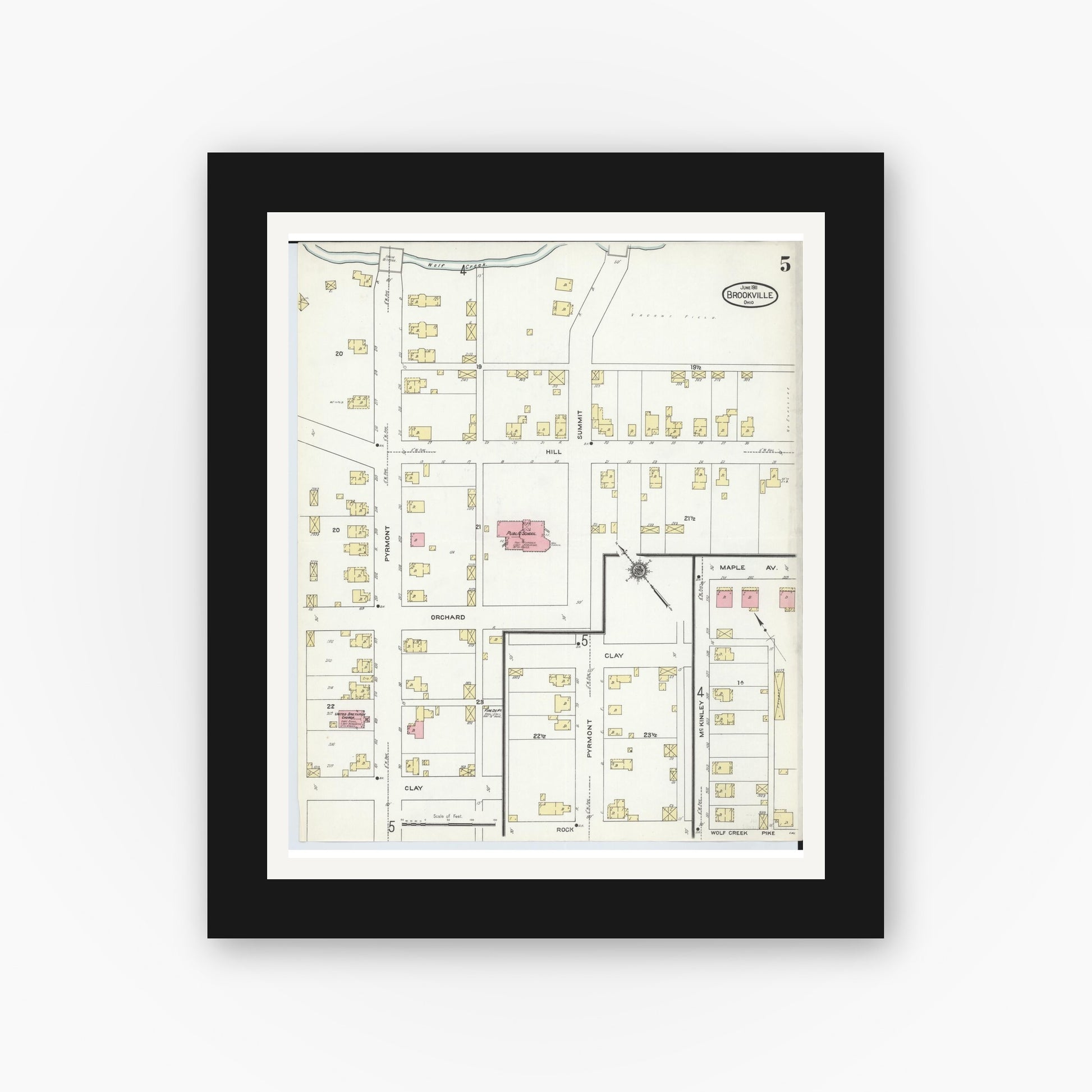 Old map wall art mockup — black gallery frame with white mat — Sanborn Fire Insurance Map from Brookville, Montgomery County, Ohio (1911), Sheet #0005