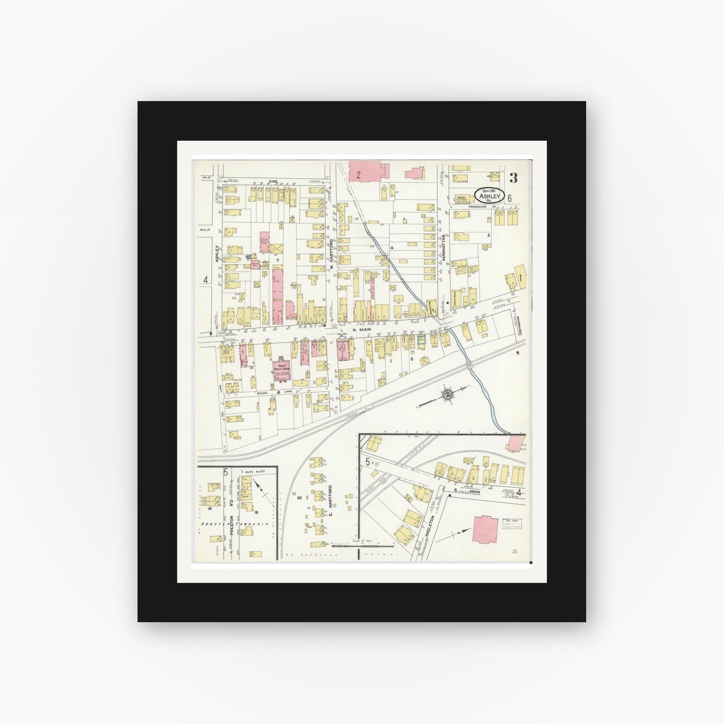 Old map wall art mockup — black gallery frame with white mat — Sanborn Fire Insurance Map from Ashley, Luzerne County, Pennsylvania (1911), Sheet #0003