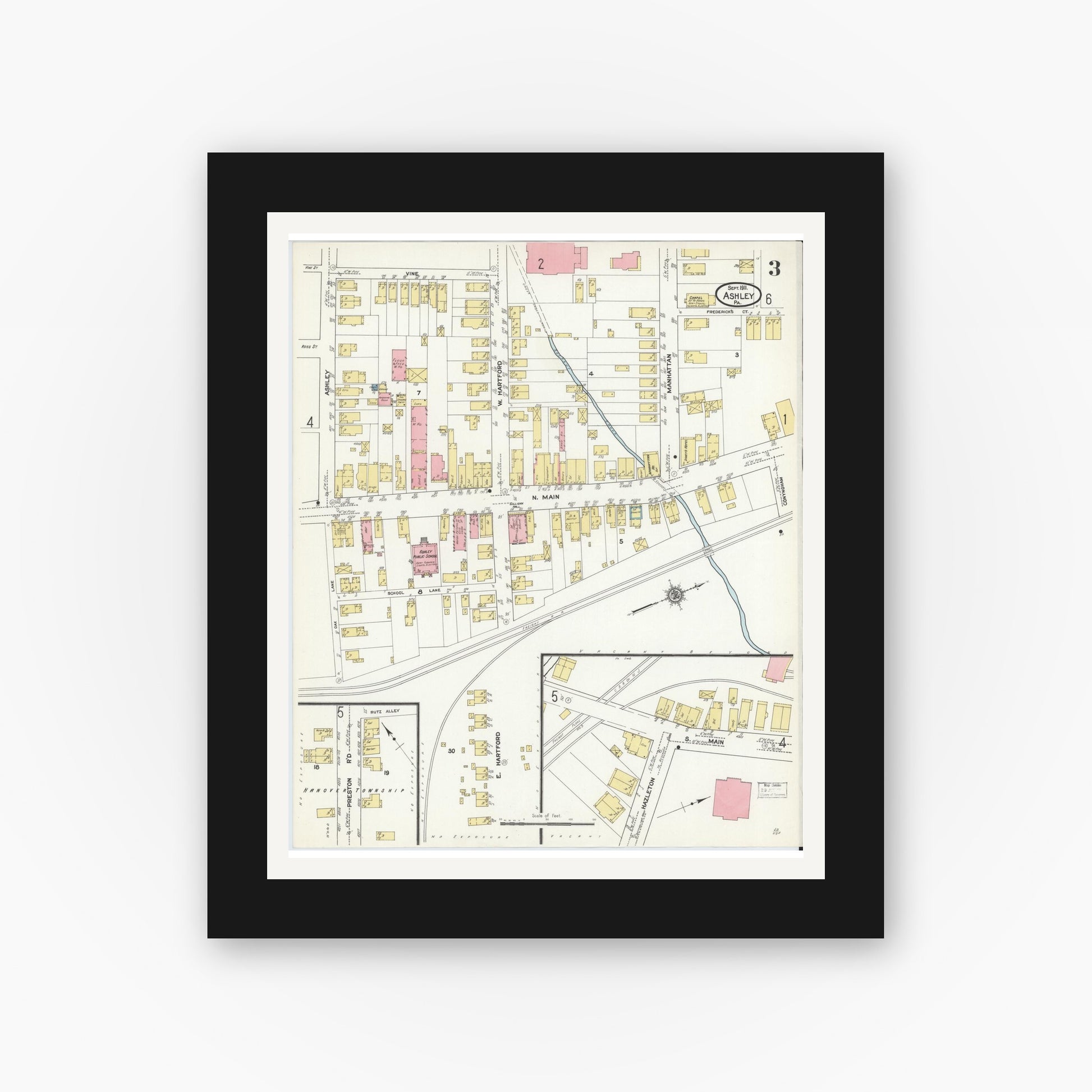 Old map wall art mockup — black gallery frame with white mat — Sanborn Fire Insurance Map from Ashley, Luzerne County, Pennsylvania (1911), Sheet #0003