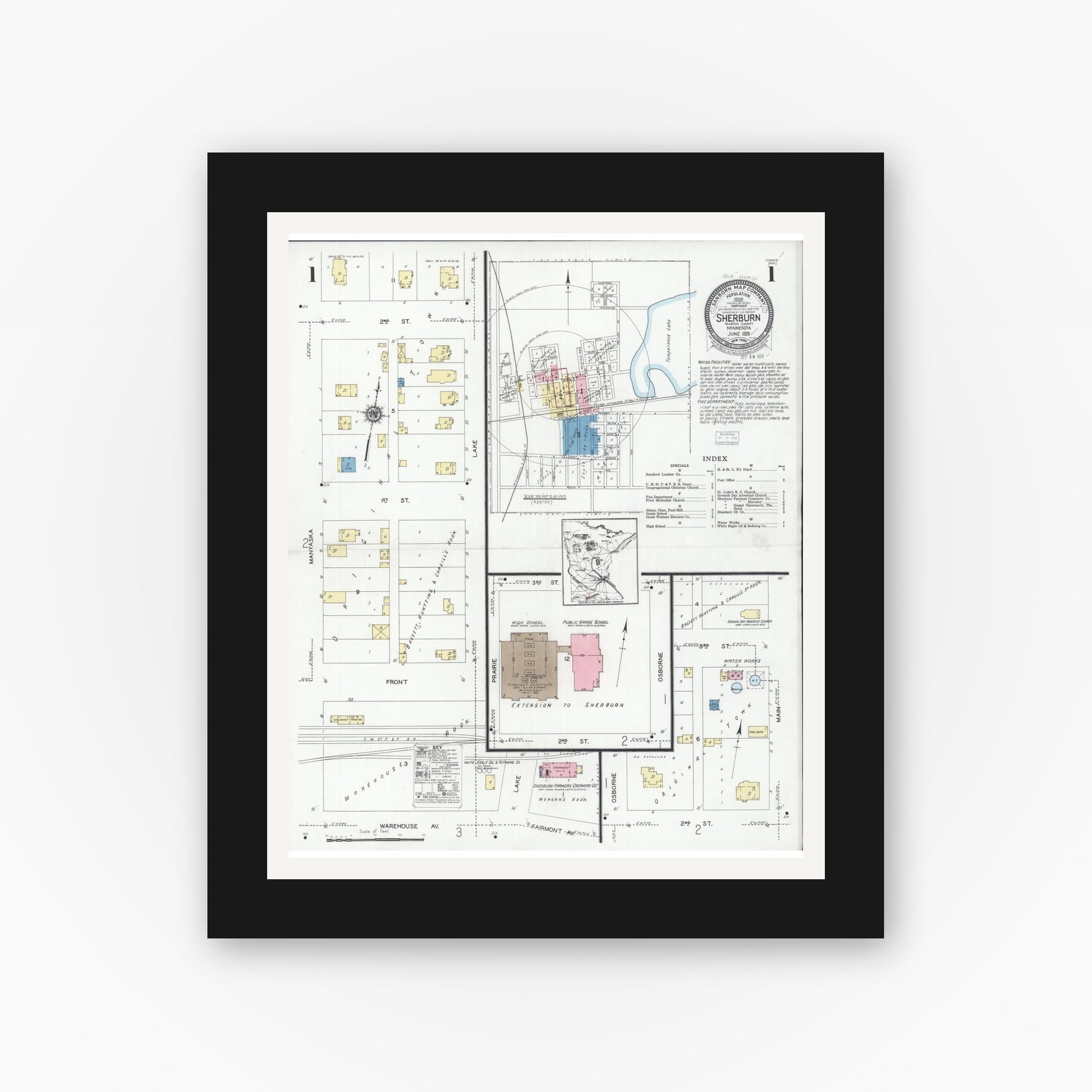 Old map wall art mockup — black gallery frame with white mat — Sanborn Fire Insurance Map from Sherburn, Martin County, Minnesota (1928) - Complete Map Set