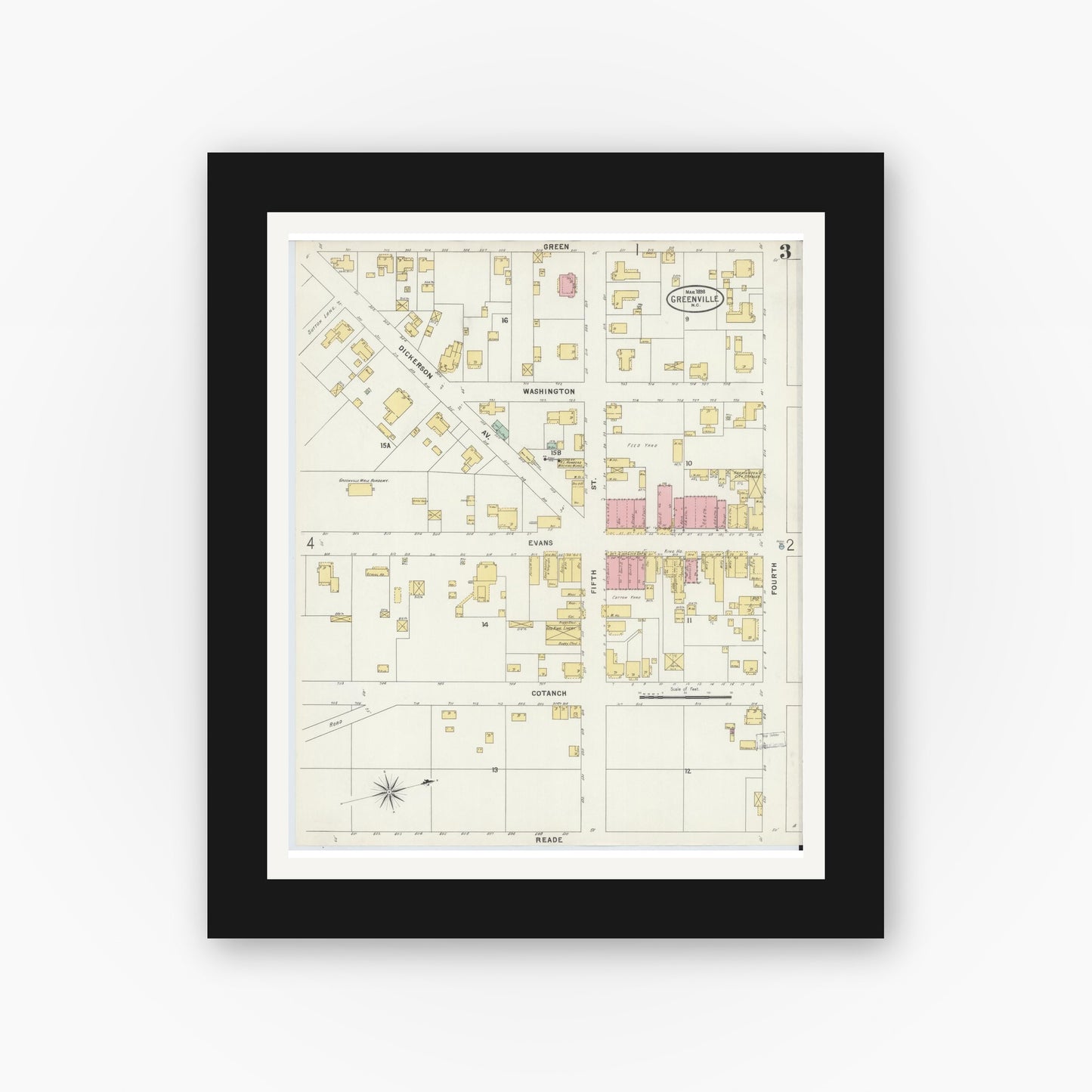 Old map wall art mockup — black gallery frame with white mat — Sanborn Fire Insurance Map from Greenville, Pitt County, North Carolina (1898), Sheet #0003