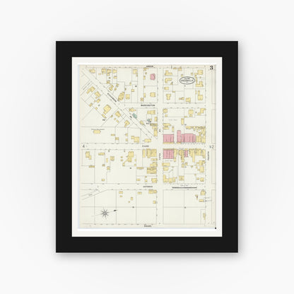 Old map wall art mockup — black gallery frame with white mat — Sanborn Fire Insurance Map from Greenville, Pitt County, North Carolina (1898), Sheet #0003