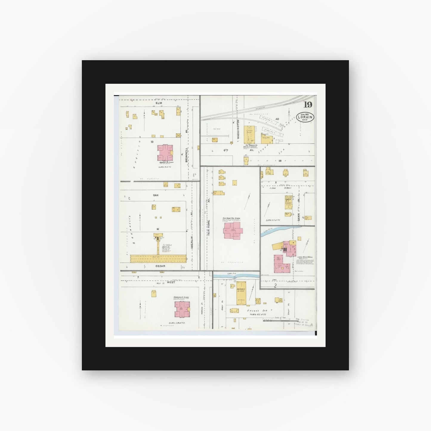 Old map wall art mockup — black gallery frame with white mat — Sanborn Fire Insurance Map from Lorain, Lorain County, Ohio (1905), Sheet #0019