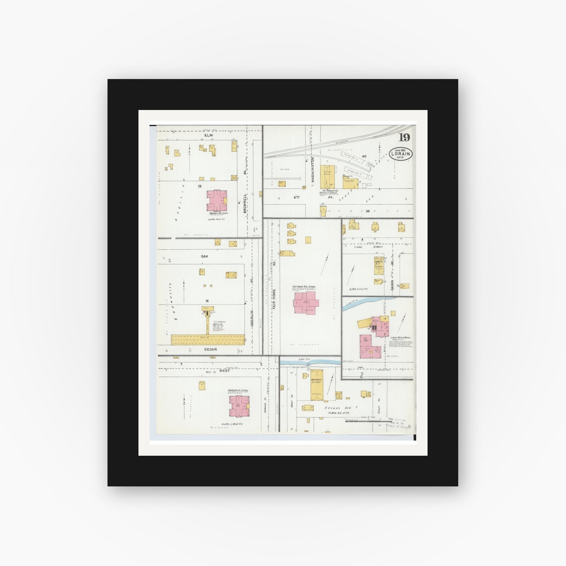 Old map wall art mockup — black gallery frame with white mat — Sanborn Fire Insurance Map from Lorain, Lorain County, Ohio (1905), Sheet #0019