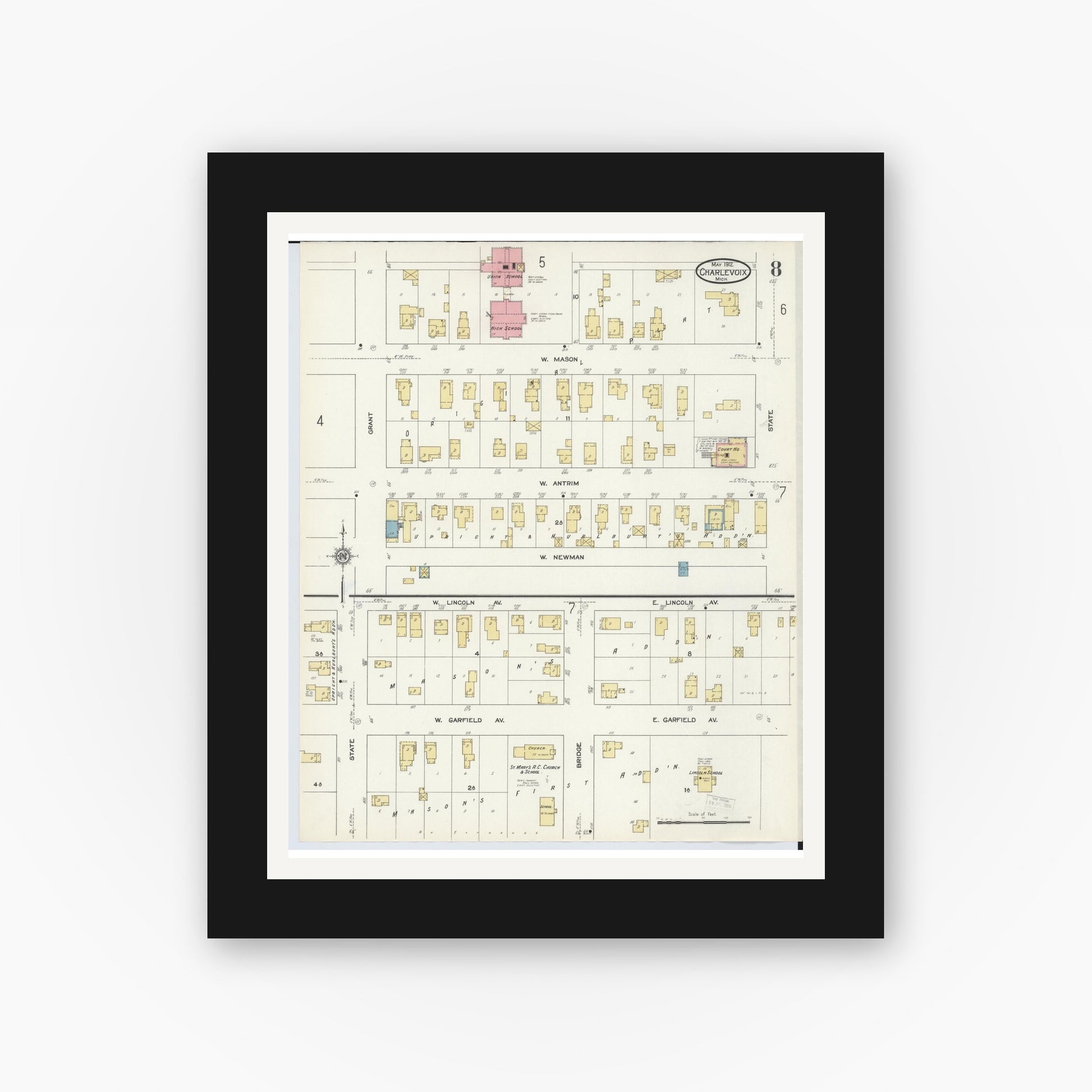 Old map wall art mockup — black gallery frame with white mat — Sanborn Fire Insurance Map from Charlevoix, Charlevoix County, Michigan (1912), Sheet #0008